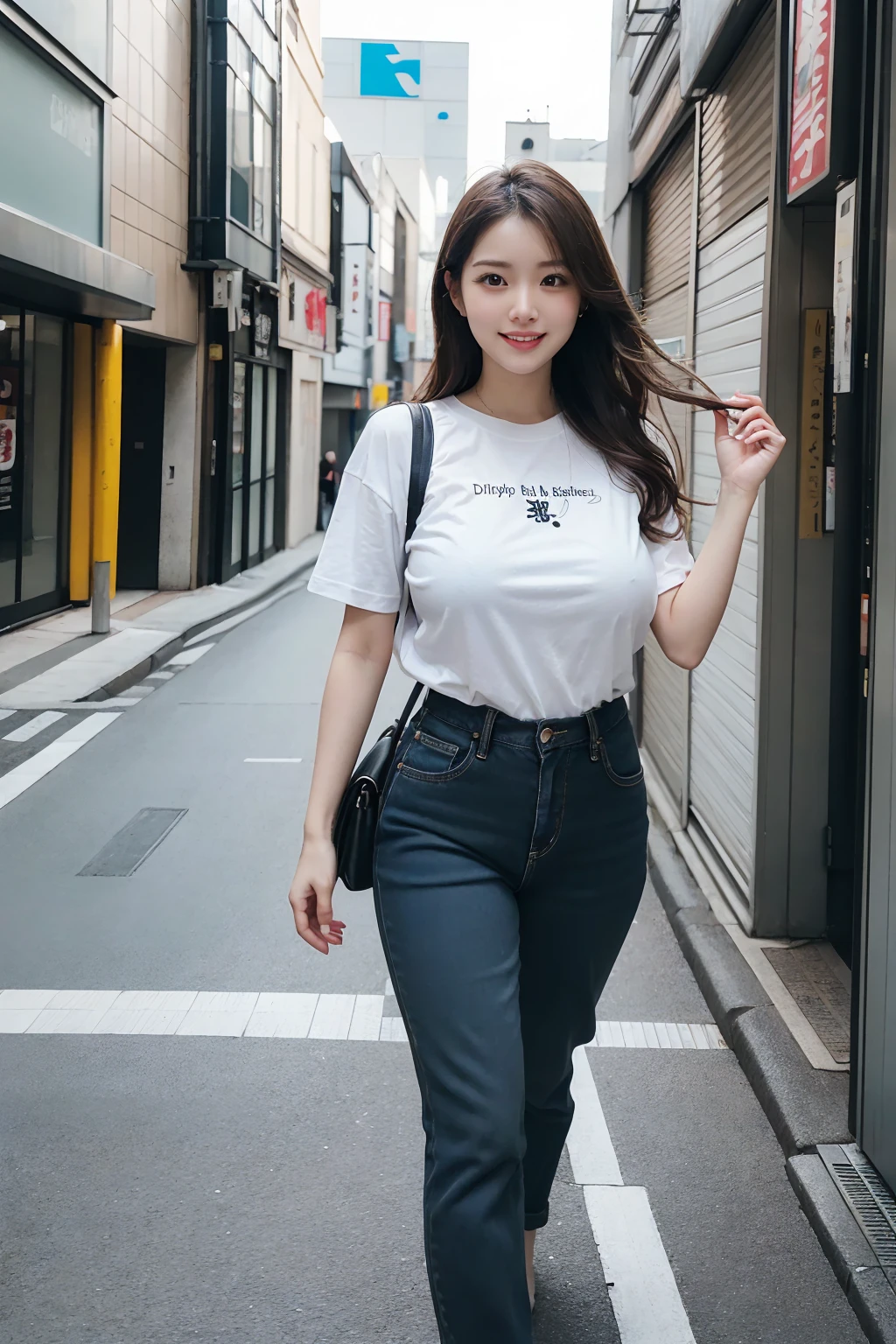 Tabletop, Highest quality, Realistic, In detail, High resolution, 8k wallpaper, Perfect dynamic composition, Beautiful attention to detail, (Medium Hair, Wavy Hair), Big ample breasts,  23 years old, (Droopy eyes), Adult Beauty, Japanese, 
 (random color, cute oversize t-shirt,  pants),summer clothes, (Breast bulge:1.2), 
Laughter、Cityscape, Random pose, Downtown, Walking the streets of Tokyo,iced coffee, Nylon fabric backpack, 