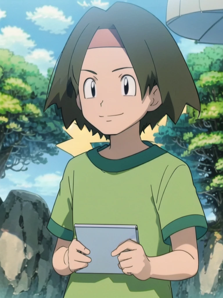 Tracey, solo, smile, shirt, 1boy, closed mouth, upper body, male focus, outdoors, sky, cloud, black eyes, green shirt, anime coloring pokemovies, sugimori ken, ken sugimori ken \(style\),  masterpiece, 8k, best quality,  happy, smile, anime screencap, zoom out,  landscape, sea, daytime, sunlight, concept art, anime background,  