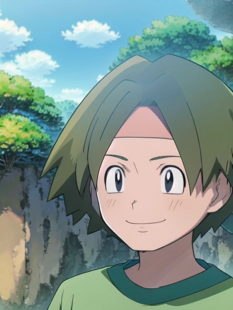 Tracey, solo, smile, shirt, 1boy, closed mouth, upper body, male focus, outdoors, sky, cloud, black eyes, green shirt, anime coloring pokemovies, sugimori ken, ken sugimori ken \(style\), masterpiece, 8k, best quality, happy, smile, anime screencap, zoom out, landscape, sea, daytime, sunlight, concept art, anime background,