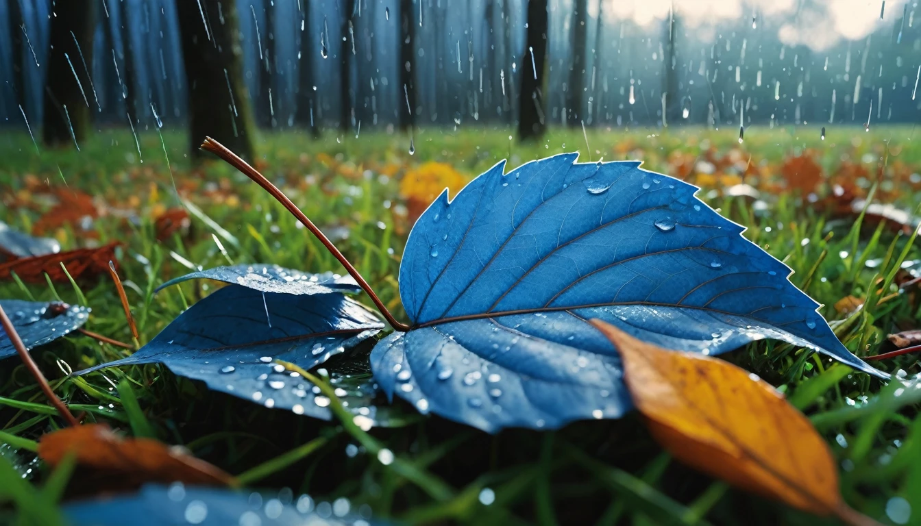 there is a blue leaves that is sitting on the grass, magical blue leaves falling, nature documentry footage, youtube video screenshot, today's featured photography 4k, autumn rain turkel, nature photography 4k, november, cinematic widescreen shot, leaves and magic, high quality screenshot, 2 0 2 1 cinematic 4 k framegrab, wide screenshot