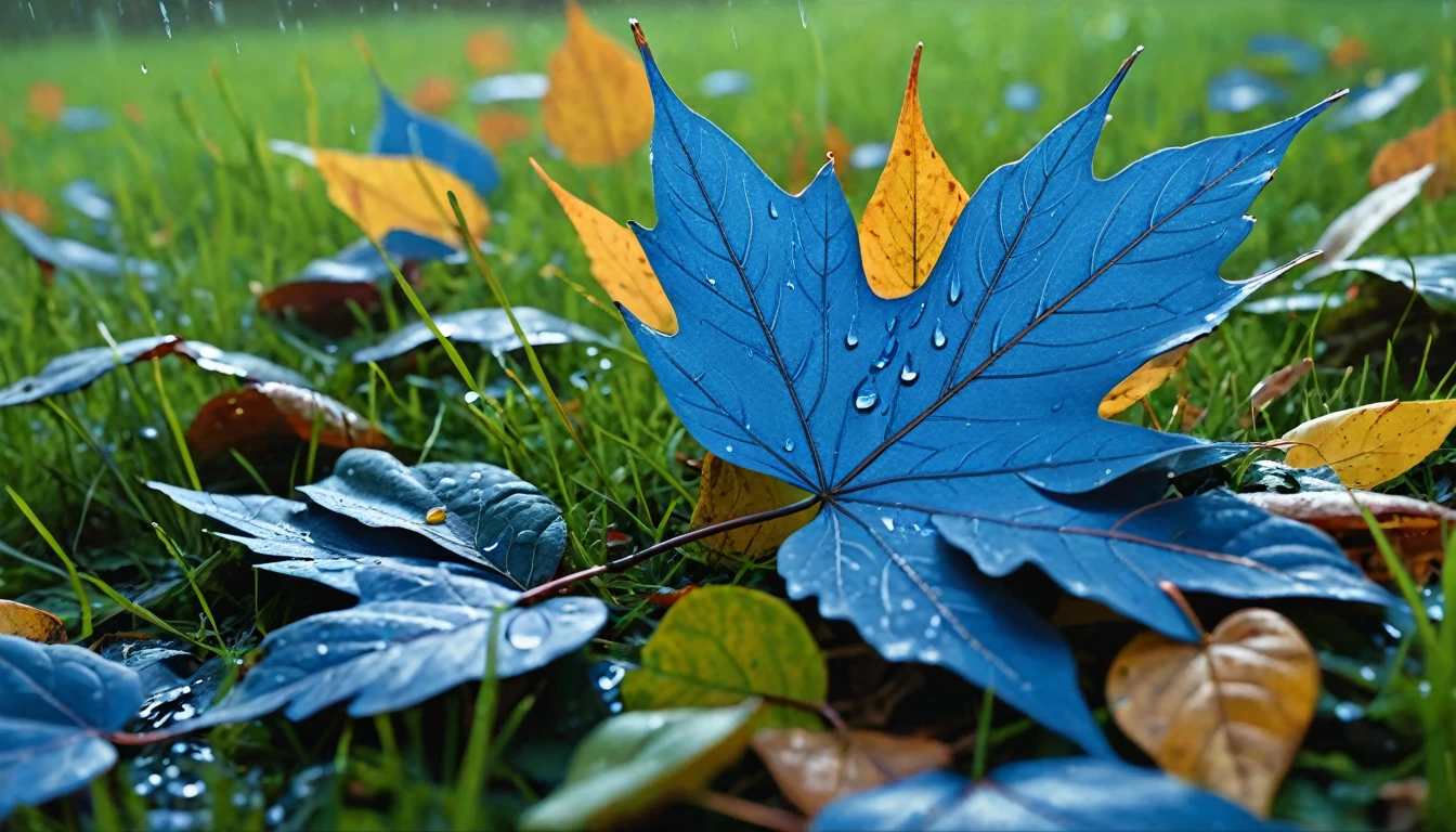 there is a blue leaves that is sitting on the grass, magical blue leaves falling, nature documentry footage, youtube video screenshot, today's featured photography 4k, autumn rain turkel, nature photography 4k, november, cinematic widescreen shot, leaves and magic, high quality screenshot, 2 0 2 1 cinematic 4 k framegrab, wide screenshot