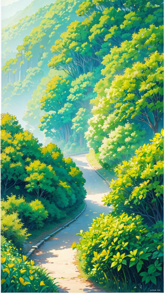 varieties Foods on a long big table, Green flower field, Studio Ghibli art, 8K, Clear picture with details, Ultrasharp