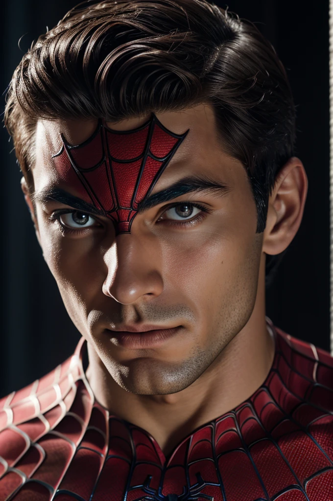 A photograph of Spider-Man., sin mascara, the 20s, elegant, detailed face, looking to the camera, portrait, 8k hd, high quality