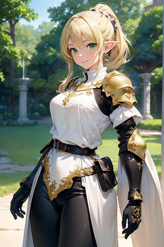 (((masterpiece; best quality: 1.2))), (finely detailed eyes: 1.3), (25 year old elf woman), (solo), (green eyes: 1.4), (body; buxom, fit, femenine: 1.3), (silky blonde hair in low ponytail: 1.3), (beautiful and clear background: 1.2), ((depth of field)), (equipment: adventurer attire + modest + light armor + long black tunic + white cape + black pants + gloves + belt + pouches: 1.3), (anime illustration: 1.2), (background composition; royal garden: 1.1), (extremely fine and beautiful: 1.1), (shot composition; standing + centered on torso + close-up: 1.5), (expression; calm, smile: 1.2)