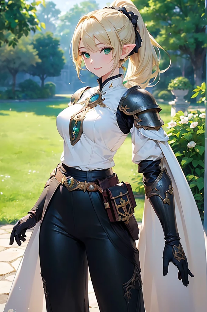 (((masterpiece; best quality: 1.2))), (finely detailed eyes: 1.3), (25 year old elf woman), (solo), (green eyes: 1.4), (body; buxom, fit, femenine: 1.3), (silky blonde hair in low ponytail: 1.3), (beautiful and clear background: 1.2), ((depth of field)), (equipment: adventurer attire + modest + light armor + long black tunic + white cape + black pants + gloves + belt + pouches: 1.3), (anime illustration: 1.2), (background composition; royal garden: 1.1), (extremely fine and beautiful: 1.1), (shot composition; standing + centered on torso + close-up: 1.5), (expression; calm, smile: 1.2)