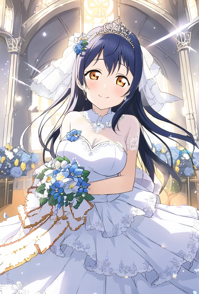 Umi Sonoda Blue Hair Orange eyes Long Hair M-shaped bangs White Wedding Dress Blue flower decoration dress Blue flower bouquet Blue flower hair ornament tiara smile Large Breasts church Shining Tears of joy