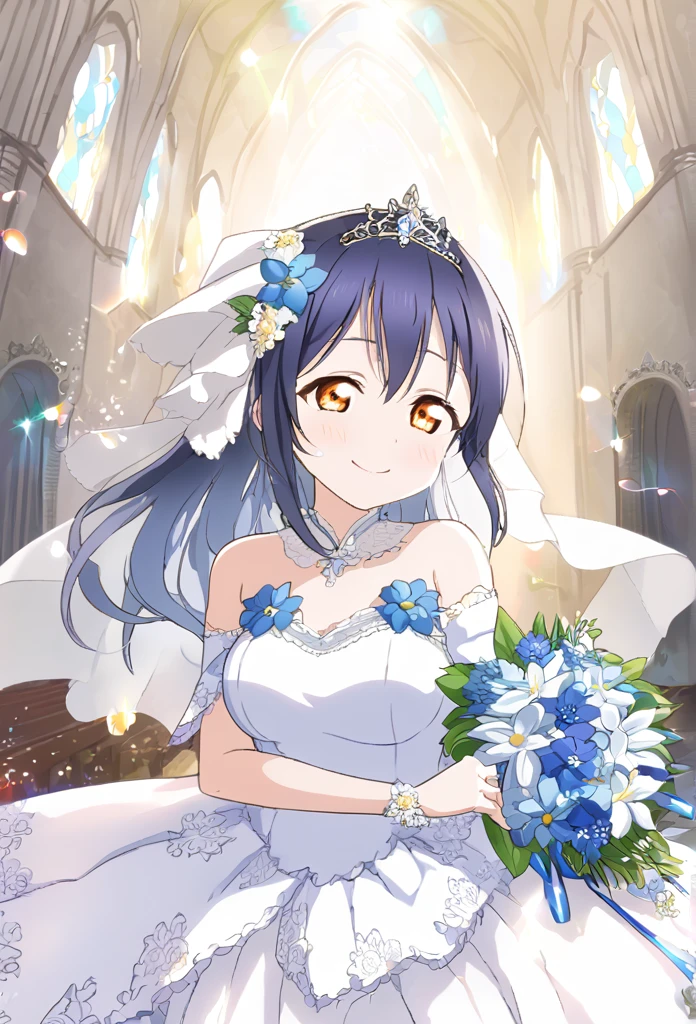 Umi Sonoda　Blue Hair　Orange eyes　Long Hair　M-shaped bangs　White Wedding Dress　Blue flower decoration dress　Blue flower bouquet　Blue flower hair ornament　tiara　smile　Large Breasts　church　Shining　Tears of joy