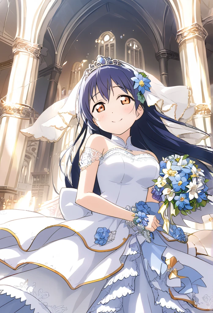 Umi Sonoda Blue Hair Orange eyes Long Hair M-shaped bangs White Wedding Dress Blue flower decoration dress Blue flower bouquet Blue flower hair ornament tiara smile Large Breasts church Shining Tears of joy