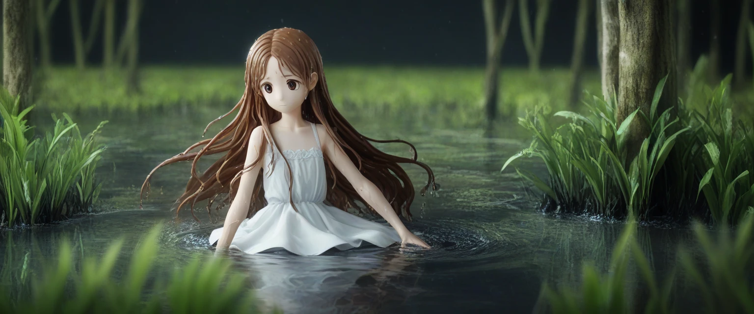 score_9, score_8_wonderful, score_7_wonderful, score_6_wonderful, sauce_anime, 部分的にIn the water, 
One Girl, Long Hair, Brown Hair, Wet Hair,
White Dress, Swamp,
Dark Background, Blurred Edges,8-year-old、Adventurer、Flat Chest、Pitch-dark underground labyrinth、No light、skirt、Equipped with a dagger and a shield、水面よりwonderfulの顔、In the water, In the water写真、浮力でskirt捲れる