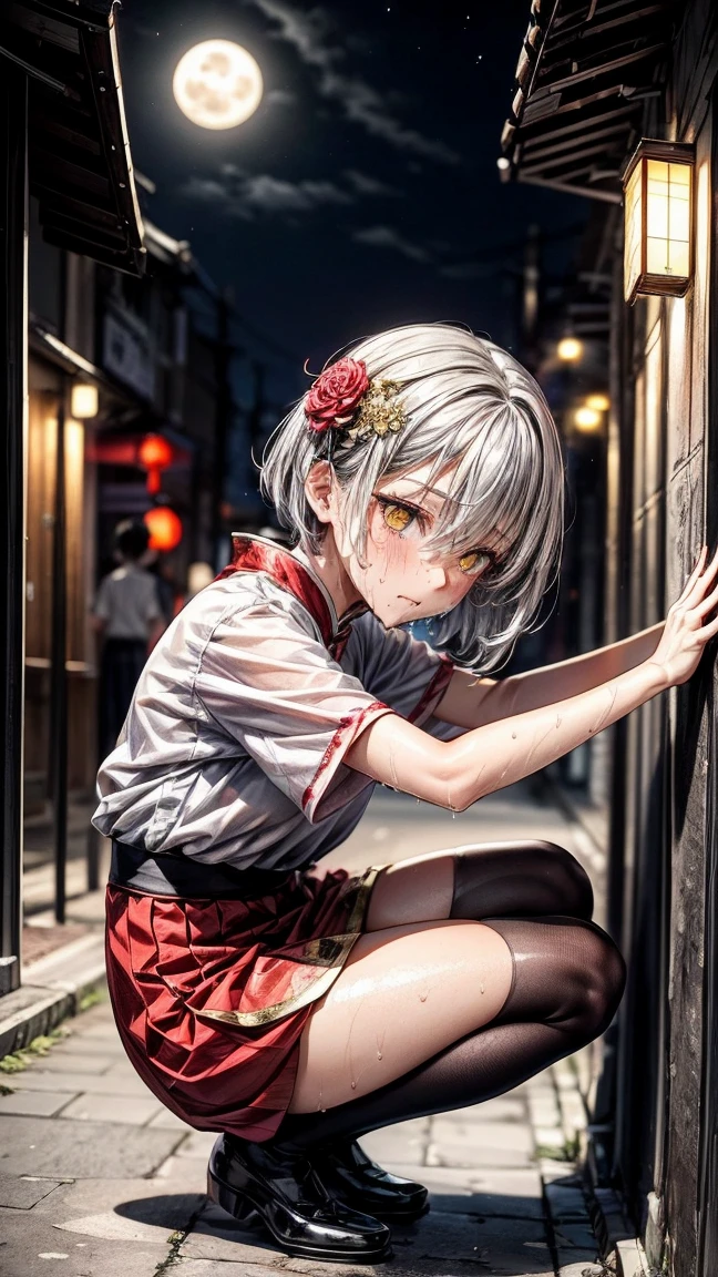 Young girl 22 years old, short silver bob hair, hair flower, sharp bangs between the eyes, yellow eyes, eyes large, traditional chinese imperial clothes black with gold details, red skirt, black thigh high socks. ((straight posture)) view from side, side point of view, fully body, crouched on the street of a Japanese city, at night, with full moon in the background, light reflecting on the sexy and sweaty body. (((sweat)))