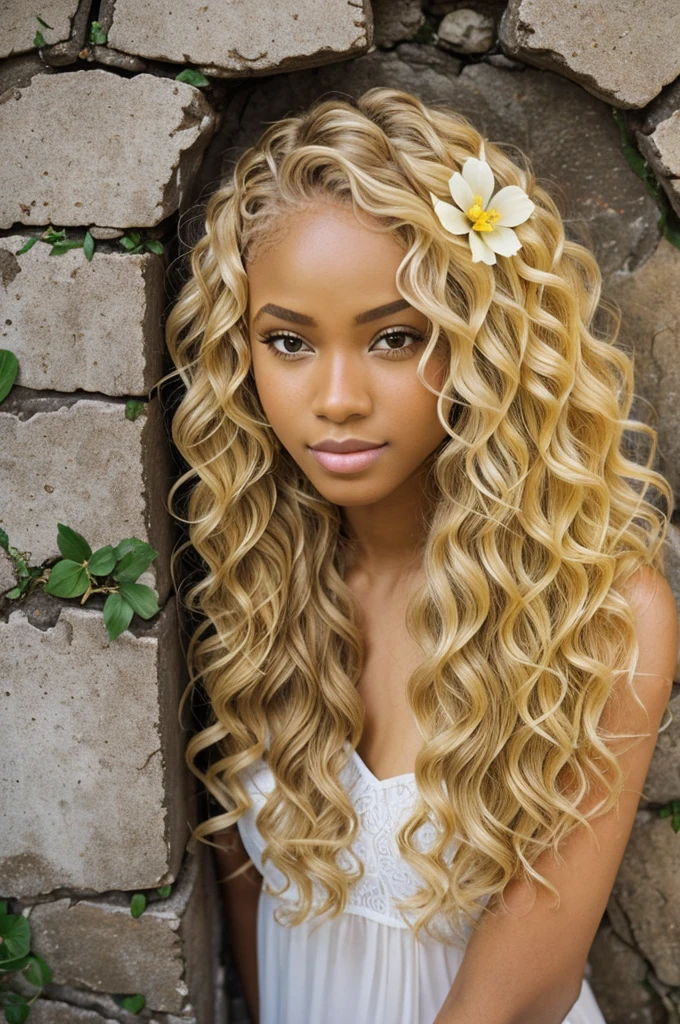((Oshun)),((Blonde)),((White skin)),((wavy hair)),((flower growing in cracks))