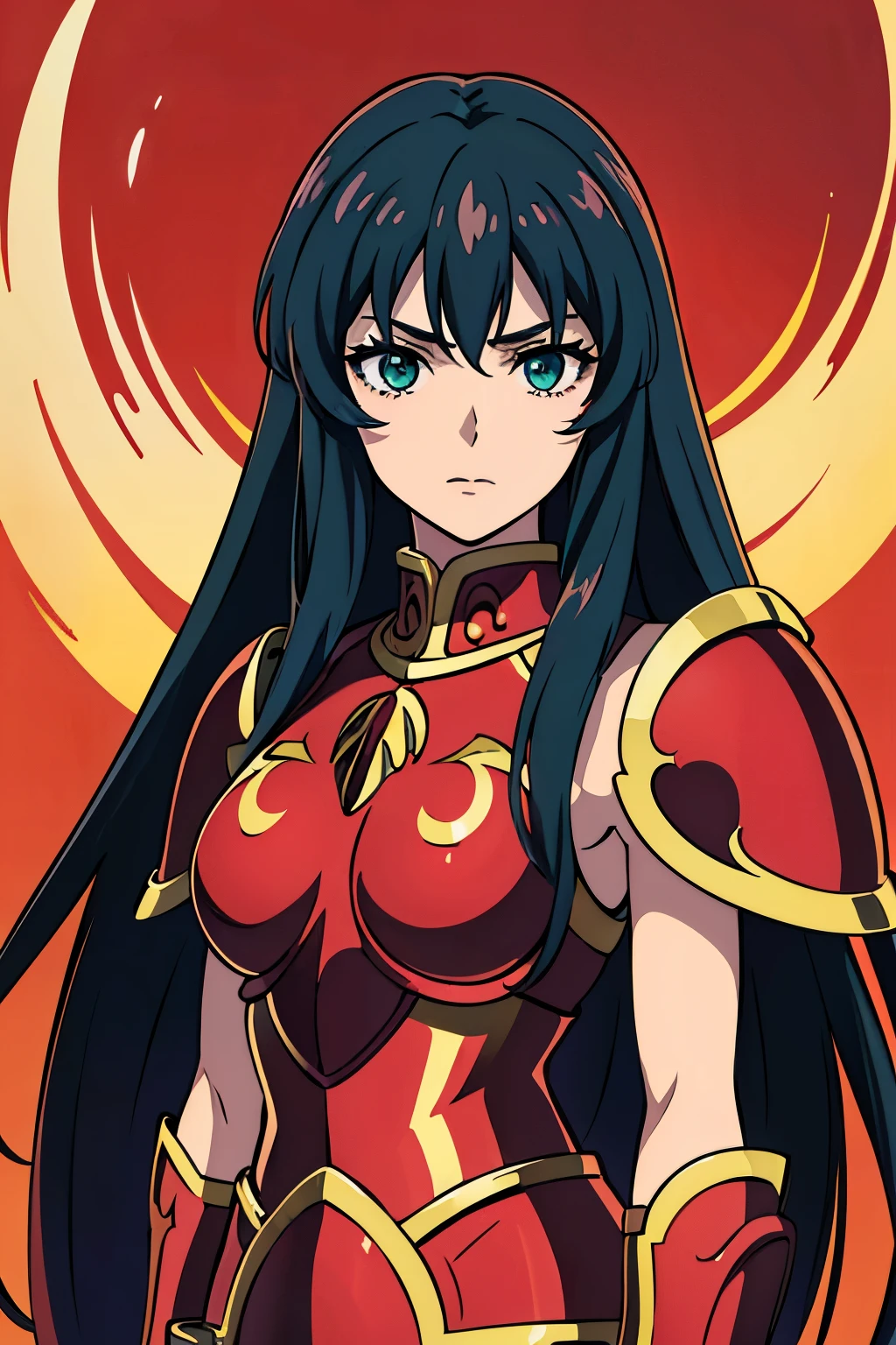 (high-quality, breathtaking),(expressive eyes, perfect face) 1female, Symmetrical Eyes, girl , solo, adult , portrait, dark green colored hair, red coloured eyes, stylised hair, neutral expression, soft smile, medium length hair, loose hair, side bangs, wavy hair, slightly narrow eyes, looking at viewer, black armor, red trim, fantasy armor, corruption theme, Sasha Saint Seiya Lost Canvas, Goddess Athena, haunting red background, athenaCloth_armor, Saint Seiya Armor