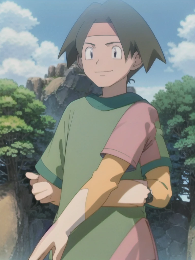 Tracey, solo, smile, shirt, 1boy, closed mouth, upper body, male focus, outdoors, sky, cloud, black eyes, green shirt, anime coloring pokemovies, sugimori ken, ken sugimori ken \(style\), masterpiece, 8k, best quality, happy, smile, anime screencap, zoom out, landscape, sea, daytime, sunlight, concept art, anime background,