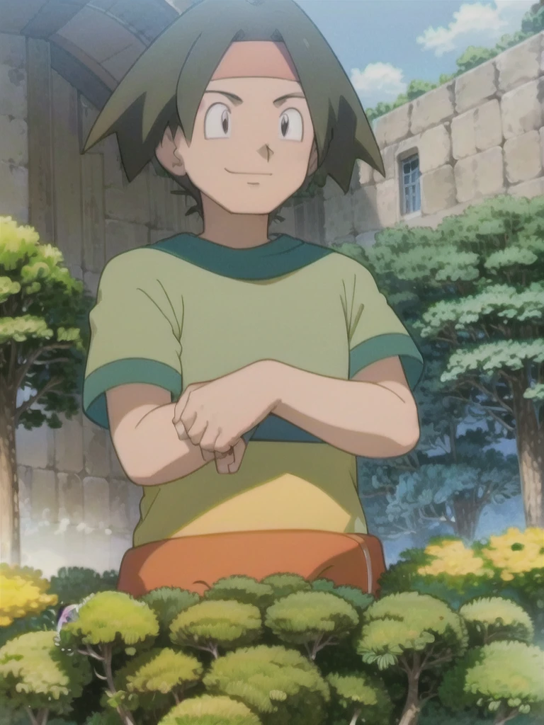 Tracey, solo, smile, shirt, 1boy, closed mouth, upper body, male focus, outdoors, sky, cloud, black eyes, green shirt, anime coloring pokemovies, sugimori ken, ken sugimori ken \(style\), masterpiece, 8k, best quality, happy, smile, anime screencap, zoom out, landscape, sea, daytime, sunlight, concept art, anime background,