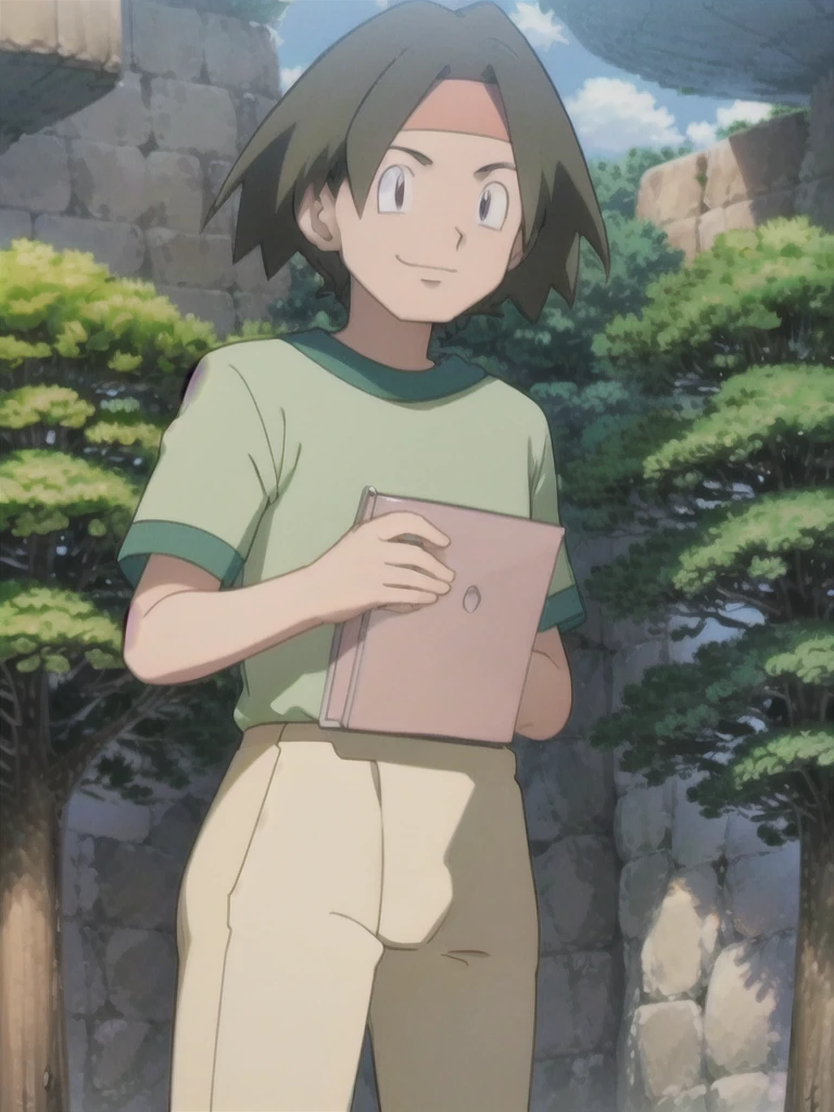 Tracey, solo, smile, shirt, 1boy, closed mouth, upper body, male focus, outdoors, sky, cloud, black eyes, green shirt, anime coloring pokemovies, sugimori ken, ken sugimori ken \(style\), masterpiece, 8k, best quality, happy, smile, anime screencap, zoom out, landscape, sea, daytime, sunlight, concept art, anime background,