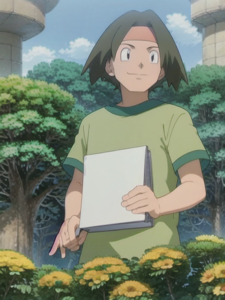 Tracey, solo, smile, shirt, 1boy, closed mouth, upper body, male focus, outdoors, sky, cloud, black eyes, green shirt, anime coloring pokemovies, sugimori ken, ken sugimori ken \(style\),  masterpiece, 8k, best quality,  happy, smile, anime screencap, zoom out,  landscape, sea, daytime, sunlight, concept art, anime background,  