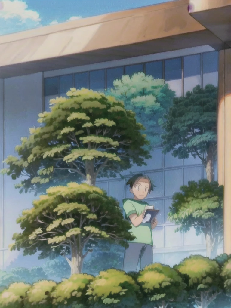 Tracey, solo, smile, shirt, 1boy, closed mouth, upper body, male focus, outdoors, sky, cloud, black eyes, green shirt, anime coloring pokemovies, sugimori ken, ken sugimori ken \(style\), masterpiece, 8k, best quality, happy, smile, anime screencap, zoom out, landscape, sea, daytime, sunlight, concept art, anime background,