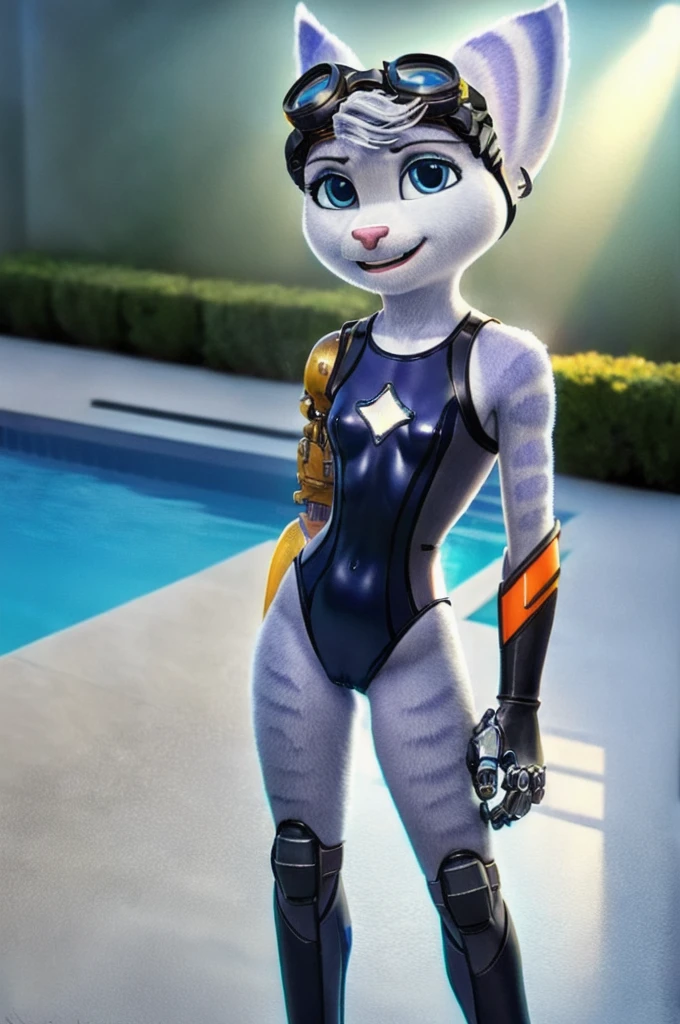 Rivet, tail, furry, 1girl, young, solo, (yellow cybernetic protease on the right shoulder), (wearing black wet swimsuit), standing at interior swimming pool, detailed body fur, detailed body, detailed eyes, detailed face, athletic, skinny, high quality, masterpiece, (small breasts), goggles, :D, looking at you, full body, ((good lighting on crotch)), (aroused), (horny), (bedroom eyes), (females cameltoe)