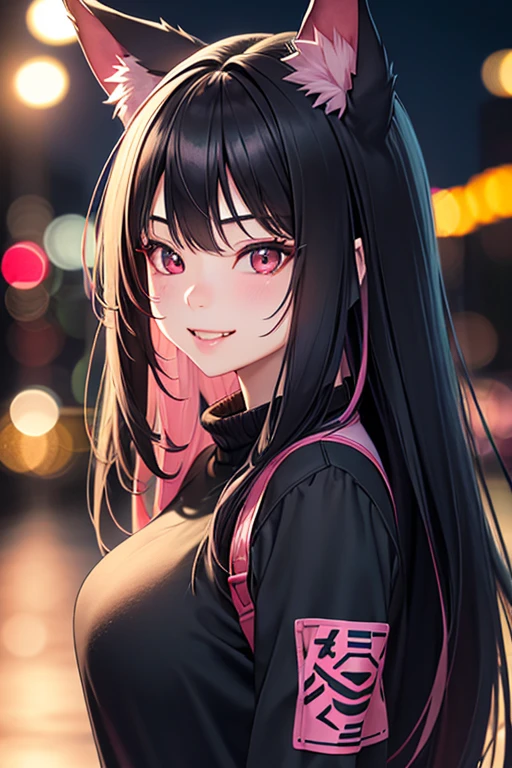 a beautiful 21 year old korean girl, demi wolf,long slightly waved black hair with pink highlights, sharp rosy eyes, playful smile with fangs, anime realism style, wolf ears, portrait, black and pink sweater (best quality,4k,8k,highres,masterpiece:1.2),ultra-detailed,(realistic,photorealistic,photo-realistic:1.37),HDR,vivid colors,professional,bokeh