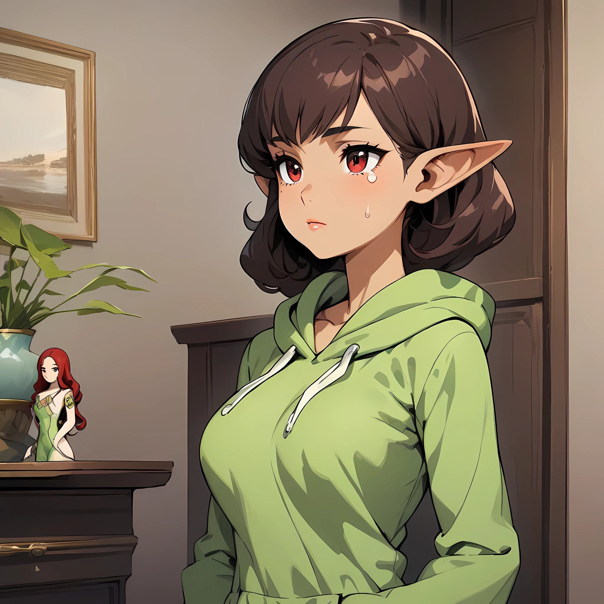 ((masterpiece,best quality)), highly detailed, 1 human_girl, 16 year old, Teardrop_breasts, wearing a Fleece-lined hoodie dress, showcasing her beautiful figure and her dress, Eyes: Deep-set, hazel with green flecks, Nose: Straight and slender, Lips: Full, deep red, Hair: Long, wavy, dark brown, Skin Tone: Fair with a cool undertone, Eyebrows: Medium thickness, gently arched, Cheekbones: High and sculpted, Chin: Pointed, Ears: Medium-sized and slightly visible, Expression: Graceful and introspective