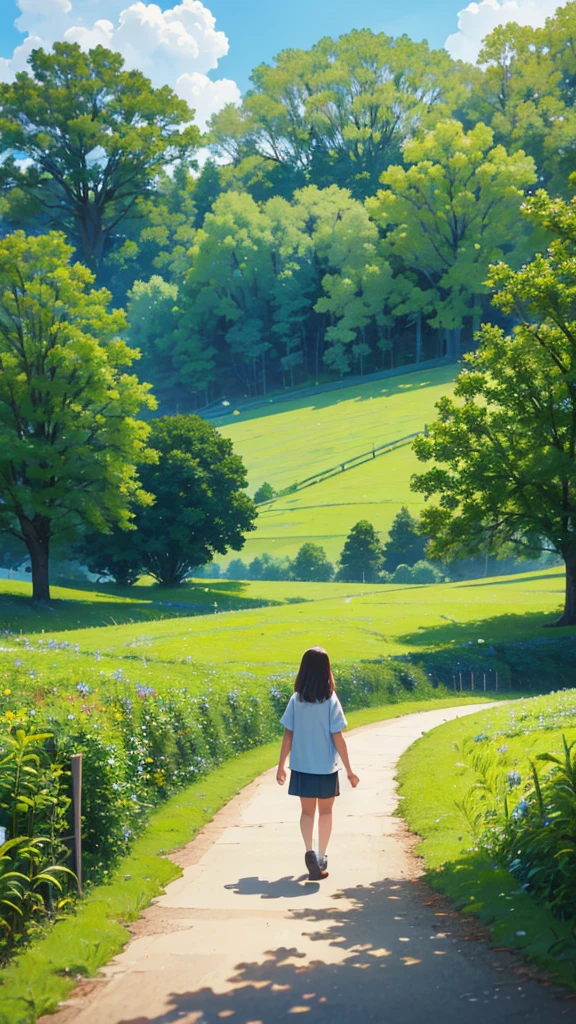 lots of Foods on a long big picnic table in a Green flower field, picnic, Studio Ghibli art, 8K, Clear picture with details, Ultrasharp