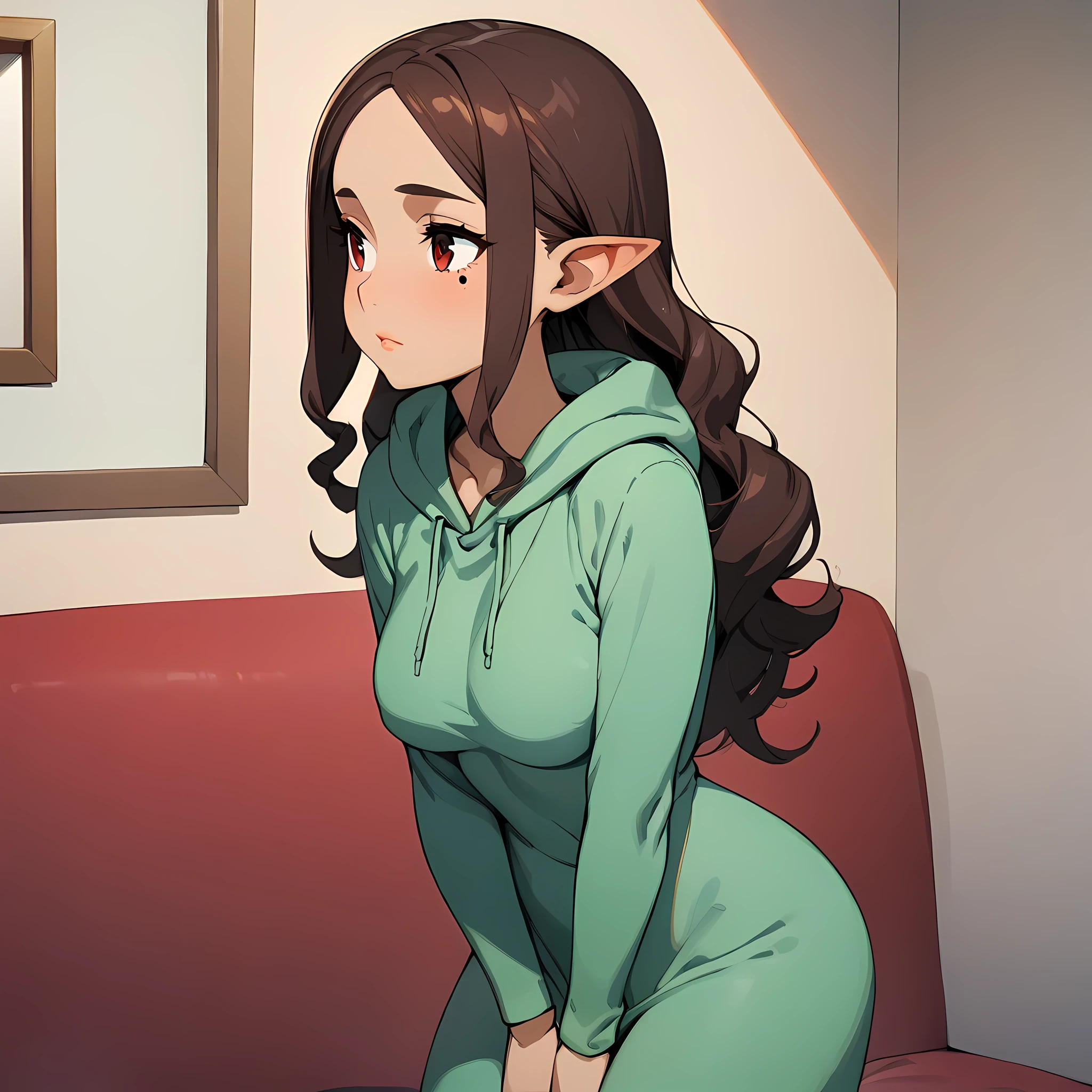 ((masterpiece,best quality)), highly detailed, 1 human_girl, 16 year old, Teardrop_breasts, wearing a Fleece-lined hoodie dress, showcasing her beautiful figure and her dress, Eyes: Deep-set, hazel with green flecks, Nose: Straight and slender, Lips: Full, deep red, Hair: Long, wavy, dark brown, Skin Tone: Fair with a cool undertone, Eyebrows: Medium thickness, gently arched, Cheekbones: High and sculpted, Chin: Pointed, Ears: Medium-sized and slightly visible, Expression: Graceful and introspective