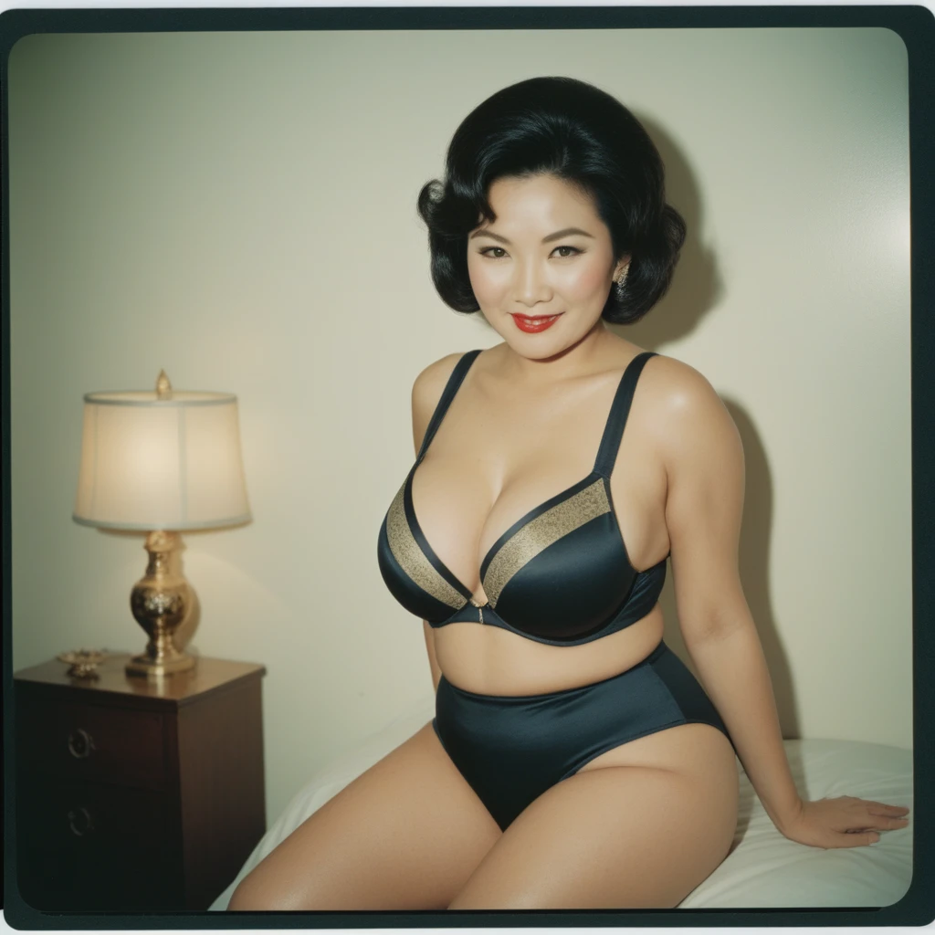 AnalogRedmAF Polaroid (Closeup), Chinese curvy mature woman (Busty, big breasted Cleavage), Short hair - Bending Down over Camera - Looking seductive and sexy - revealing Cleavage, Wearing Silk tight push up bra and high waist panties (tight),1967