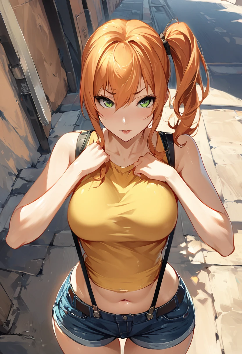 score_9,score_8_up, score_7_up,source_anime.superior,from above,front view,contrapost pose ,mediumshot, masterpiece,bestquality, Highest quality, (mature) ,(One girl:1.2), Outdoor, Green Eyes, Orange Hair, Side Ponytail, Yellow Shirt, Sleeveless shirt,belly button, Denim shorts, suspenders, Captivating look, Seductive expressions, slender, delicate curves, ,(superfineillustration,finely detail),(absurdres),,mid