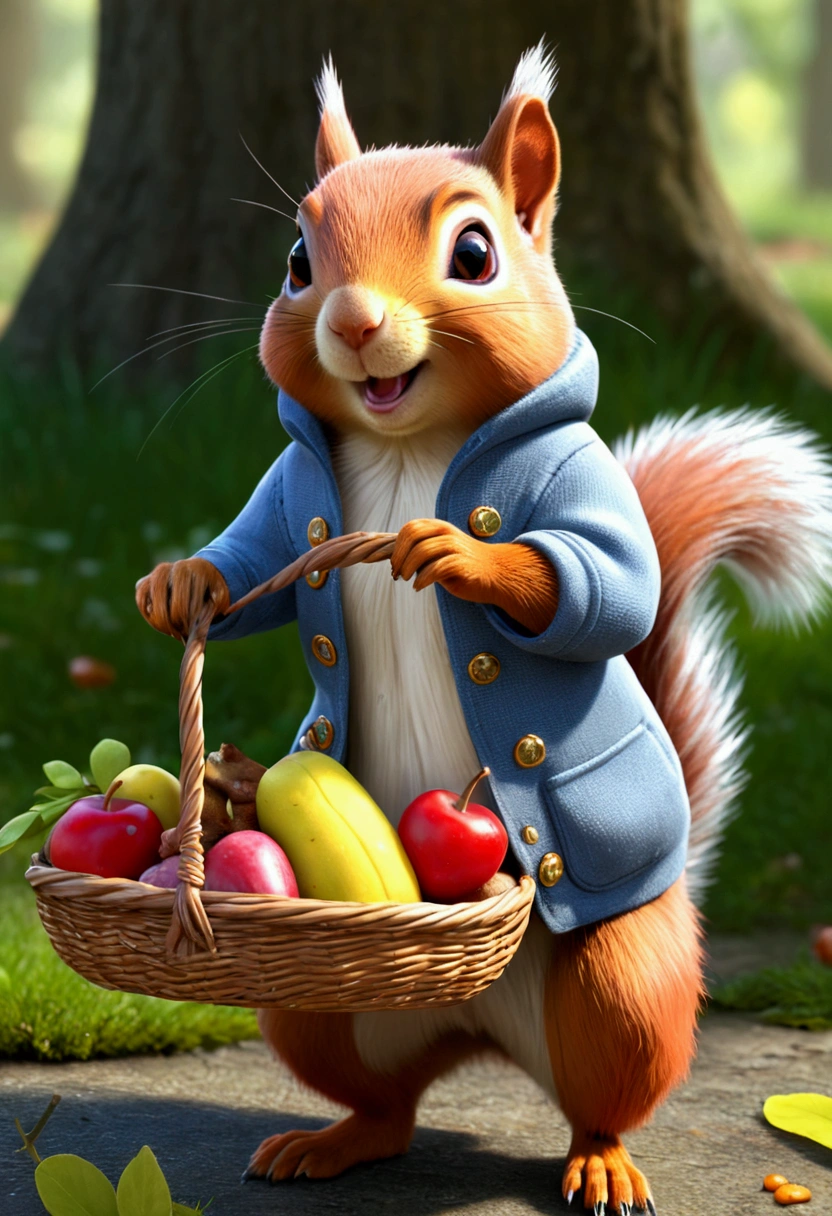Squirrel in clothes, cute squirrel carrying lots of food, cute food storage, fairy tale, ((top quality)), ((masterpiece)), ((realistic, digital art)), (super detailed),DonMBl00mingF41ryXL estate, ray tracing, high res, 8k
