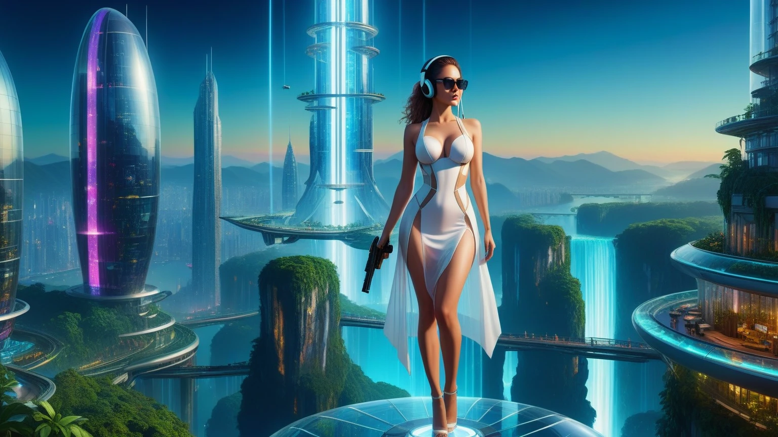 Futuristic floating city, huge high-tech tablet platform, airship, colorful lights, skyscrapper, transparent path, lush greenery, sky gardens, waterfalls, sparkling river, transparent dome, walkway, tower, very dark night, holographic display, aerial view. (((((1girl, solo, alone))))), large-breast:1.2 slim body, cleavage:1.1, sexy elegant long half-transparent white dress, (headphone, black sunglasses), (((standing and holding pistol pose))), (((half-body thigh level medium shot))), cinematic lighting, lens flare, ray tracing.