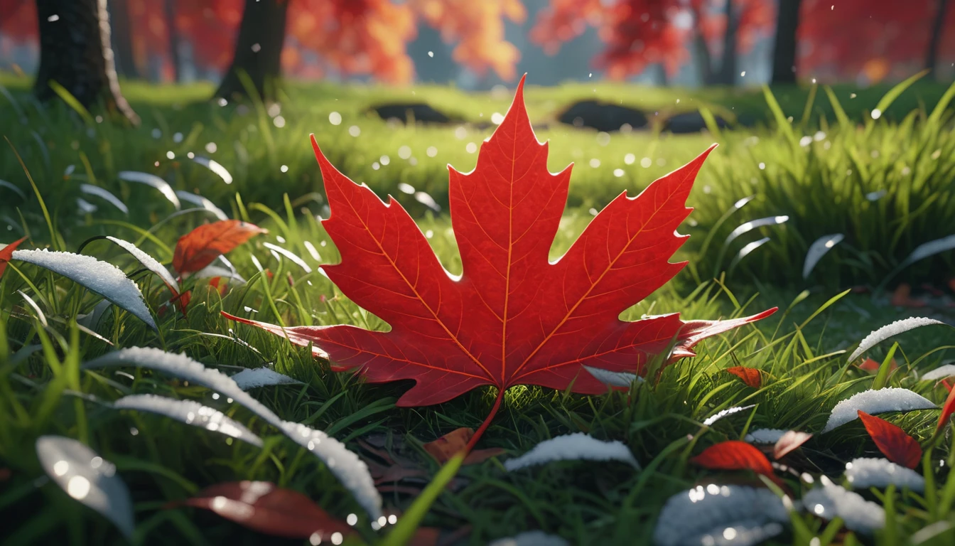 there is a red leaf that is sitting on the ground in the grass, masterpiece. rendered in blender, 4 k masterpiece, 4k masterpiece, god\'s creation, masterpiece ; behance hd, close establishing shot, spiritual masterpiece, 2 0 2 1 cinematic 4 k framegrab, 8 k masterpiece, 8k masterpiece, bright light masterpiece, masterpiece 8 k,nature photography 4k, november, cinematic widescreen shot, leaves and magic, high quality screenshot, 2 0 2 1 cinematic 4 k framegrab, It's snowing,wide screenshot、
