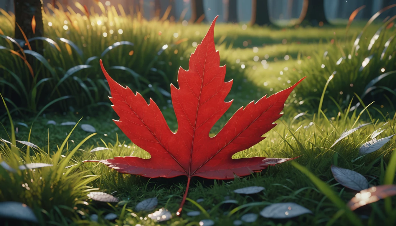 there is a red leaf that is sitting on the ground in the grass, masterpiece. rendered in blender, 4 k masterpiece, 4k masterpiece, god\'s creation, masterpiece ; behance hd, close establishing shot, spiritual masterpiece, 2 0 2 1 cinematic 4 k framegrab, 8 k masterpiece, 8k masterpiece, bright light masterpiece, masterpiece 8 k,nature photography 4k, november, cinematic widescreen shot, leaves and magic, high quality screenshot, 2 0 2 1 cinematic 4 k framegrab, It's snowing,wide screenshot、
