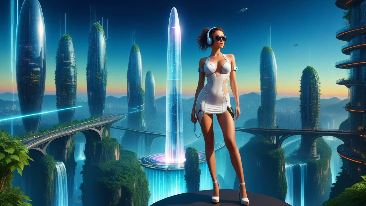 Futuristic floating city, huge high-tech tablet platform, airship, colorful lights, skyscrapper, transparent path, lush greenery, sky gardens, waterfalls, sparkling river, transparent dome, walkway, tower, very dark night, holographic display, aerial view. (((((1girl, solo, alone))))), large-breast:1.2 slim body, cleavage:1.1, sexy elegant long half-transparent white dress, (headphone, black sunglasses), (((standing and holding pistol pose))), (((half-body thigh level medium shot))), cinematic lighting, lens flare, ray tracing.