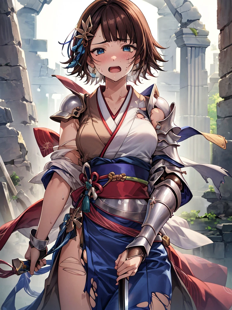 (((Embarrassed face)))、One Face、 (((A very cute face like a top Japanese idol)))、glowing eye、(((face focus)))、(((Holding a red Japanese sword)))、One  girl, (((Short Hair ))), Composition from the front、(((Brown Hair)))、(((looking at the camera)))、(((hair ornaments)))、(((blunt bangs)))、(((Red and silver armor)))、((Highest quality)), ((masterpiece)),(detailed),High resolution,Sharp focus,Perfect Face,{Best illustrations}, (非常にdetailed CG unity 8k wallpaper),(((Vibrant colors))),Official Art, shiny 肌,very shiny 肌,Shiny body,plastic glitter 肌,exaggerated shiny 肌,Glowing Skin, ((detailedなボディ)),((detailedな顔))、A long red skirt、(((ancient ruins)))、Perfect Anatomy、((Open your mouth))、(((Sweating profusely)))、Hold your chest with your hands、Sigh、(((Torn clothes)))、Full view of 