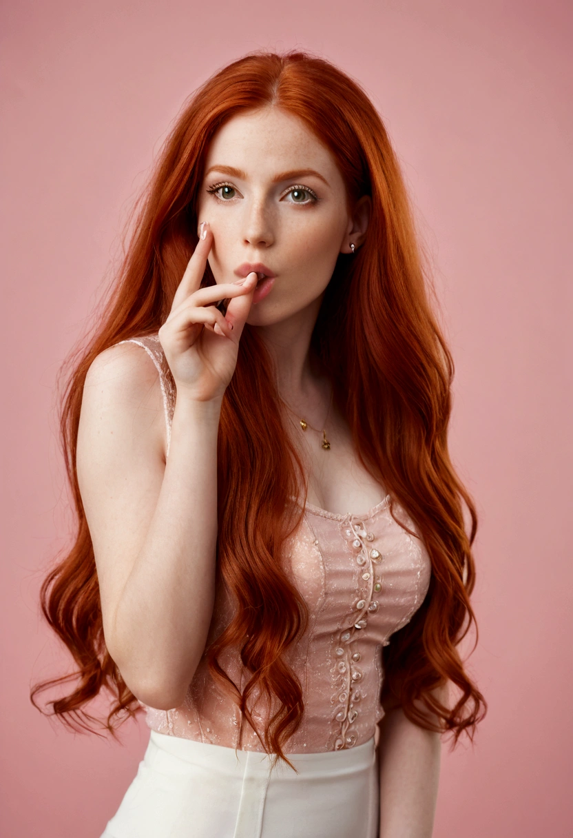 ultra realistic, photography, long red hair, girl, 24 years old, hourglass figure, perfect body, Flirty look, beautiful detailed woman, intricate and detailed face, long lush hair, soft lighting, photorealistic, high quality, cinematic, dramatic, warm color tones, facing the camera, Nikon z fx, lens 35 mm, blur background, beautiful attractive redhead young woman 20s years old in rose clothes look aside say hush be quiet with finger on lips shhh gesture isolated on pastel pink color background studio