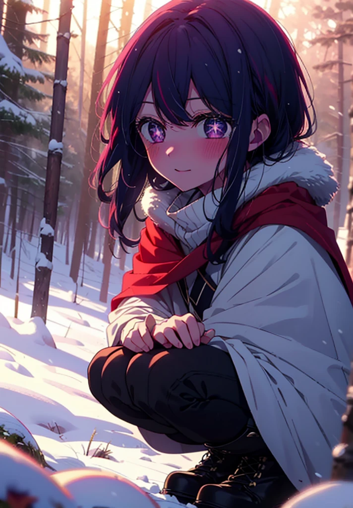 aihoshino, Ai Hoshino, Long Hair, bangs, (Purple eyes:1.1), Purple Hair, (Symbol-shaped pupil:1.5), smile,,smile,blush,White Breath,
Open your mouth,snow,Ground bonfire, Outdoor, boots, snowing, From the side, wood, suitcase, Cape, Blurred, , forest, White handbag, nature, Squat, Mouth closed, Cape, winter, Written boundary depth, Black shoes, red Cape break looking at viewer, Upper Body, whole body, break Outdoor, forest, nature, break (masterpiece:1.2), Highest quality, High resolution, unity 8k wallpaper, (shape:0.8), (Beautiful and beautiful eyes:1.6), Highly detailed face, Perfect lighting, Extremely detailed CG, (Perfect hands, Perfect Anatomy),