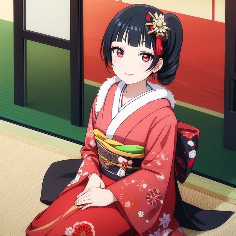 Geisha, geisha make up, light smile, red lips, kimono, red eyeshadow, black hair, black eyes, sit on tatami, looking at viewer,