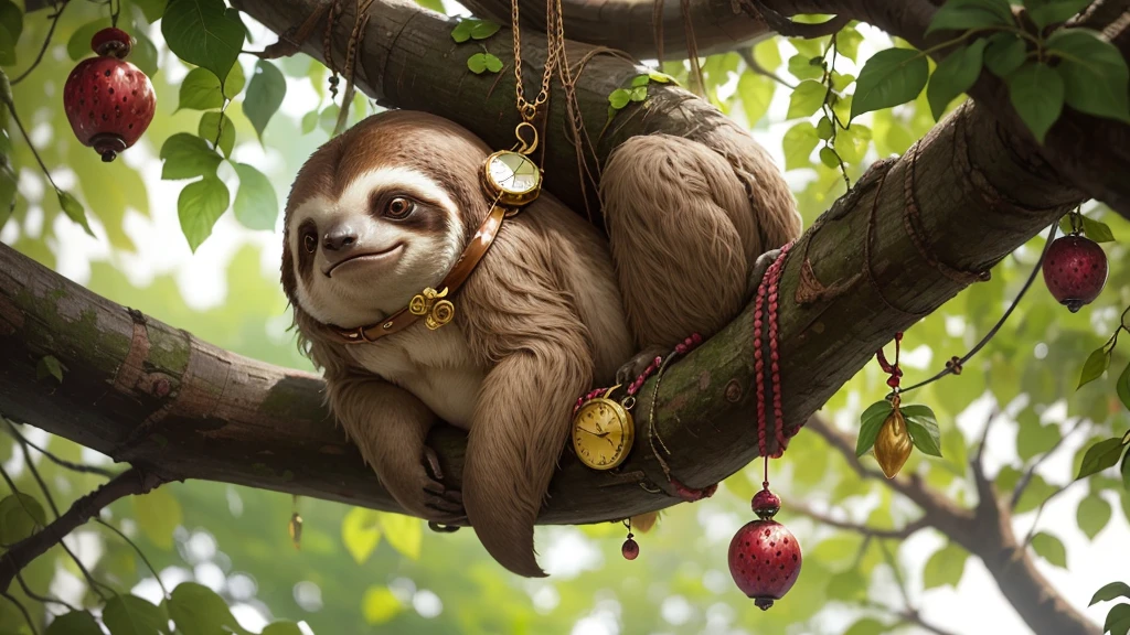 A slow-moving sloth wearing a beautifully crafted timepiece, hanging lazily in a tree filled with enchanted fruits.