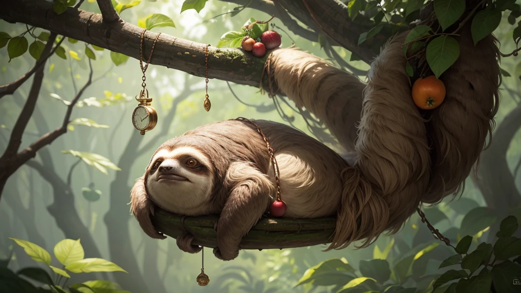 A slow-moving sloth wearing a beautifully crafted timepiece, hanging lazily in a tree filled with enchanted fruits.