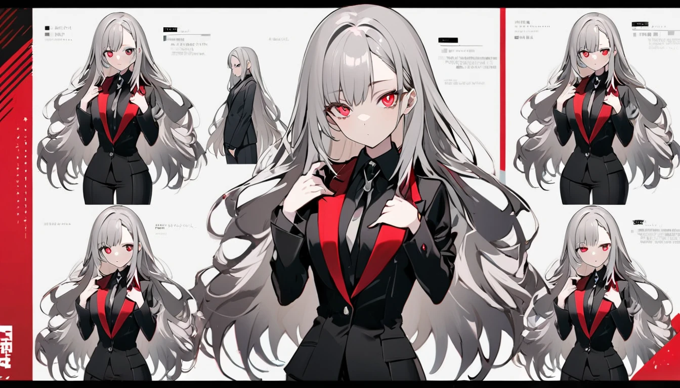 1 teen girl character。gray hair color、Glowing red eyes、Long Hair、There is a mole under the left eye。In a suit。whole body。Without background、Depict only one person.