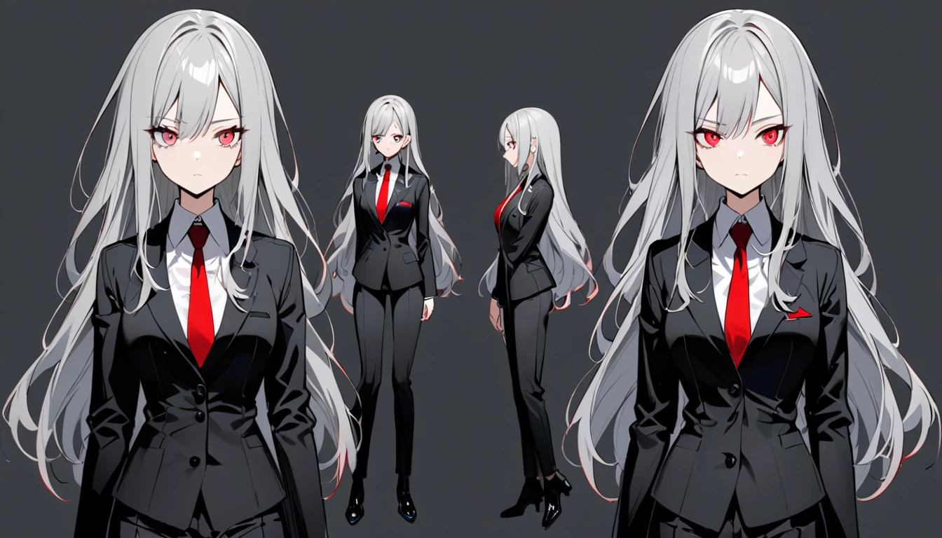 1 teen girl character。gray hair color、Glowing red eyes、Long Hair、There is a mole under the left eye。In a suit。whole body。Without background、Depict only one person.