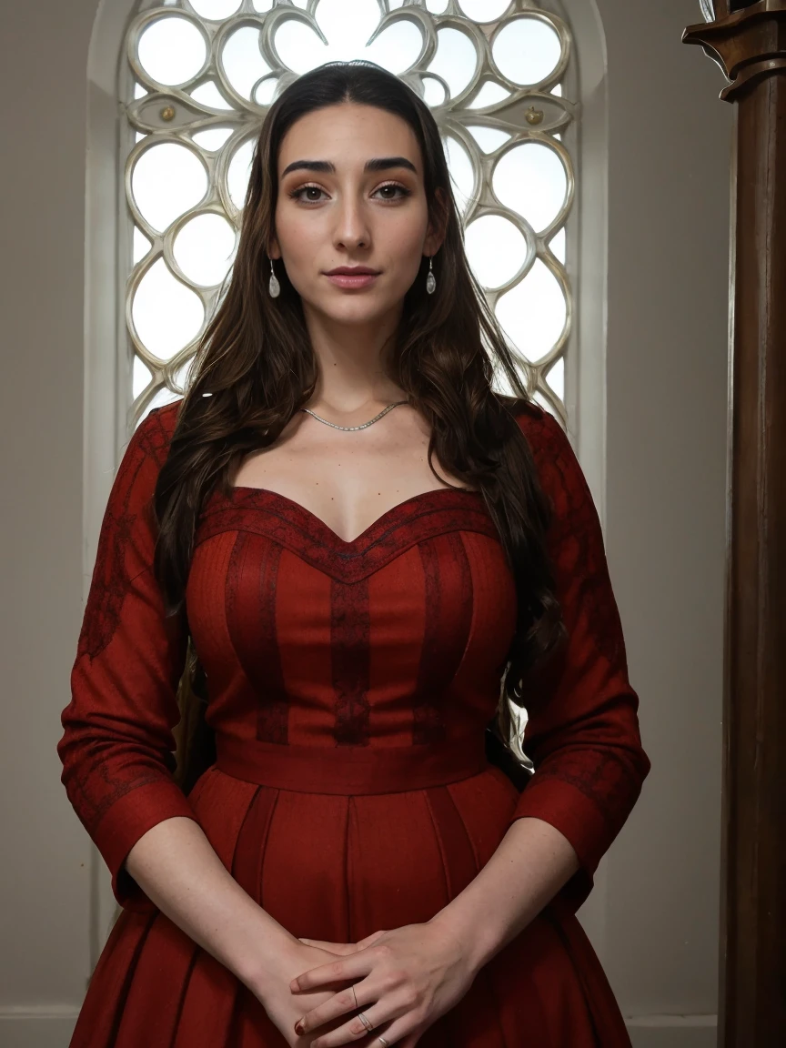 Beautiful and regal, imperious and aloof, busty athletic (thin) brunette queen with sharp facial features wearing a modest updo, dark red medieval dress, long sleeves, intricate patterns, scrollwork, wide neck, crown, veil, long dress, modest dress, tight bodice, (silver waist chain), medieval jewelry, Middle Ages, castle, rampart, wall, stained glass