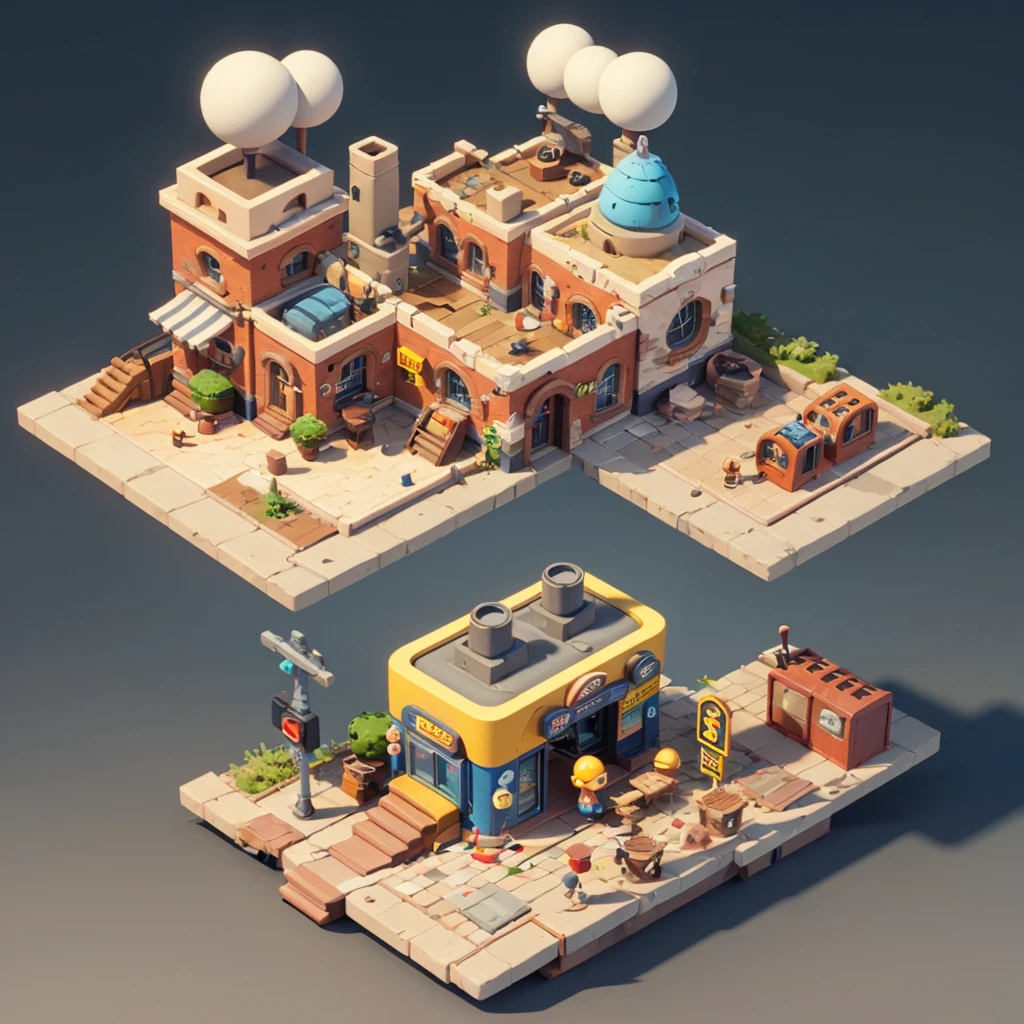 masterpiece,best quality, TRAIN STATION，Tone, Pixar style, simple design, What do you think is mini, artist, 3D Nintendo Style and Lost Steampunk