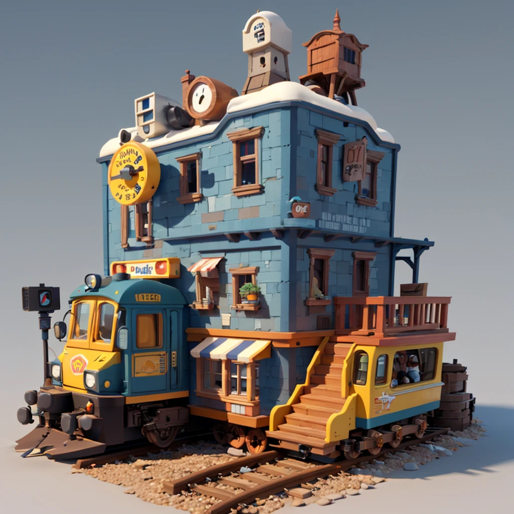 masterpiece,best quality, TRAIN STATION,Tone, Pixar style, simple design, What do you think is mini, artist, 3D Nintendo Style and Lost Steampunk