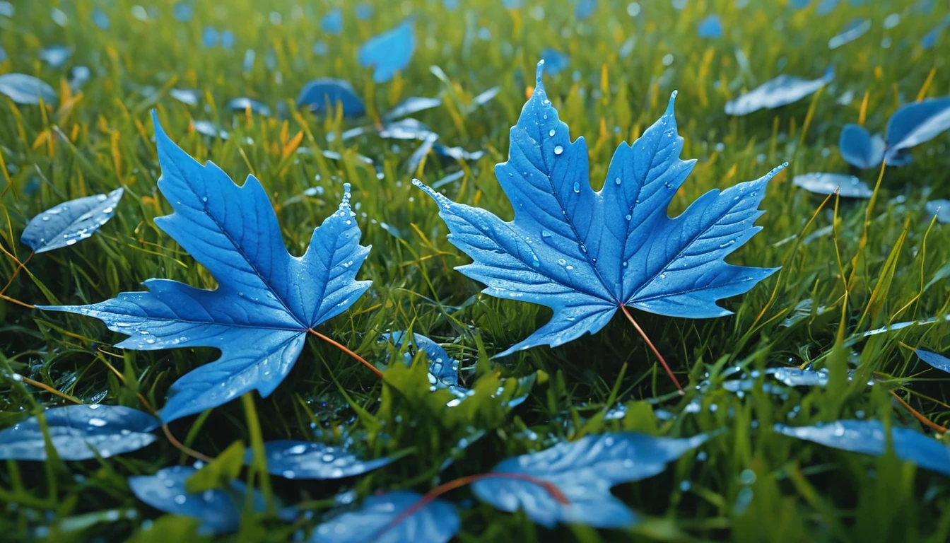 there is a blue leaves that is sitting on the grass, magical blue leaves falling, nature documentry footage, youtube video screenshot, today's featured photography 4k, autumn rain turkel, nature photography 4k, november, cinematic widescreen shot, leaves and magic, high quality screenshot, 2 0 2 1 cinematic 4 k framegrab, wide screenshot