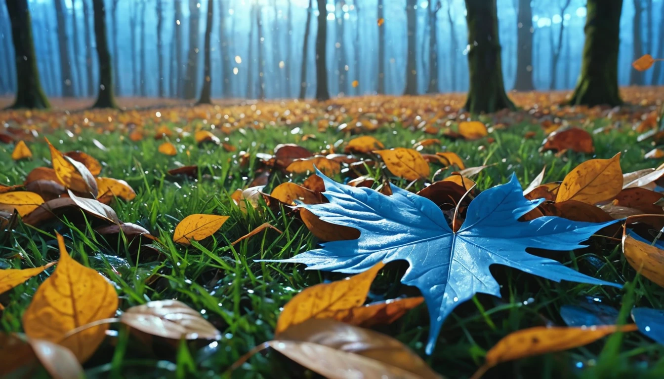 there is a blue leaves that is sitting on the grass, magical blue leaves falling, nature documentry footage, youtube video screenshot, today's featured photography 4k, autumn rain turkel, nature photography 4k, november, cinematic widescreen shot, leaves and magic, high quality screenshot, 2 0 2 1 cinematic 4 k framegrab, wide screenshot