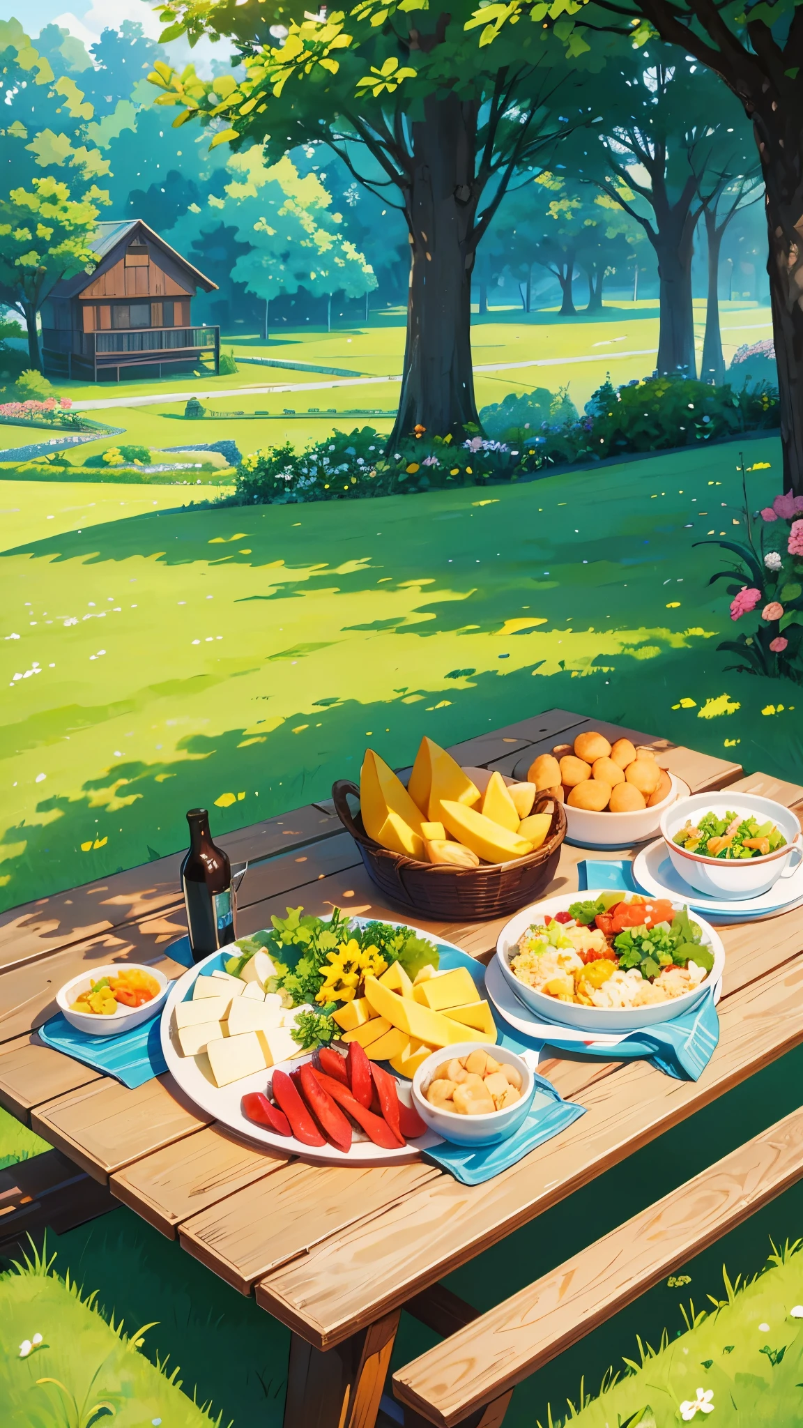 lots of Foods on a long big picnic table in a Green flower field, picnic, Studio Ghibli art, 8K, Clear picture with details, Ultrasharp