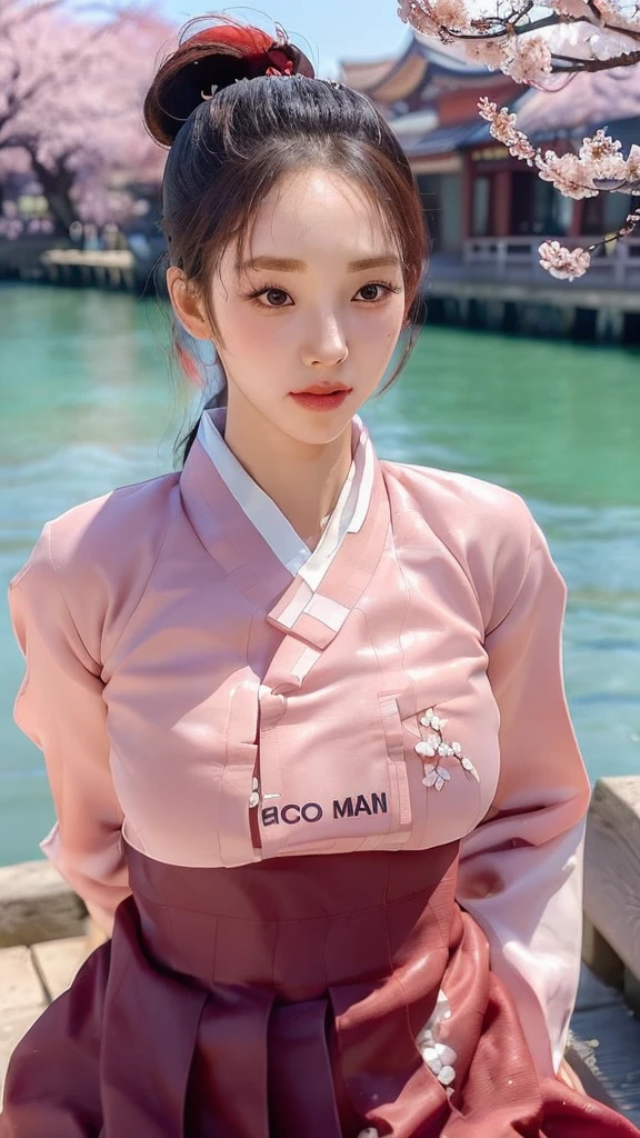 (best quality, 8K, masterpiece: 1.3), ((((((Incredibly huge breasts: 0.8))))), single ponytail, (beautiful face:1.3), Cherry blossoms are in full bloom, full of cherry blossoms, floating cherry blossom petals, very cool, Authentic Korean Hanbok