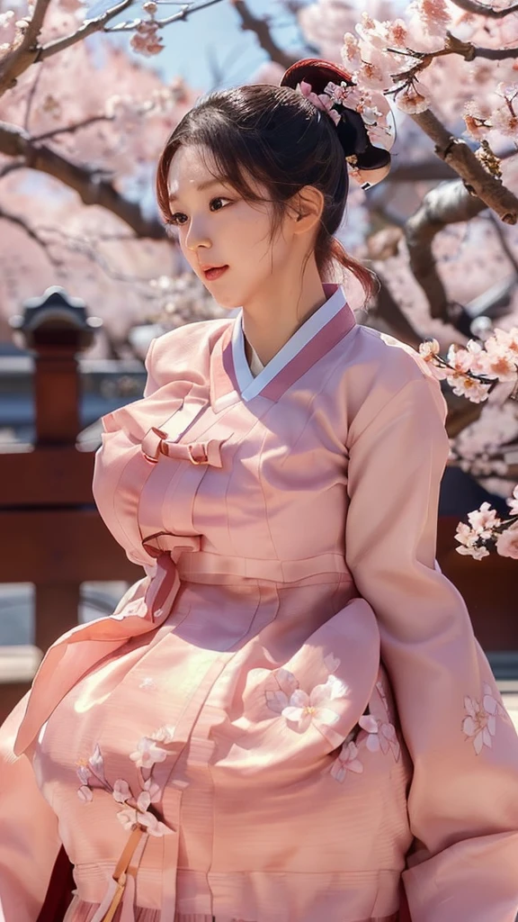 (best quality, 8K, masterpiece: 1.3), ((((((Incredibly huge breasts: 0.8))))), single ponytail, (beautiful face:1.3), Cherry blossoms are in full bloom, full of cherry blossoms, floating cherry blossom petals, very cool, Authentic Korean Hanbok