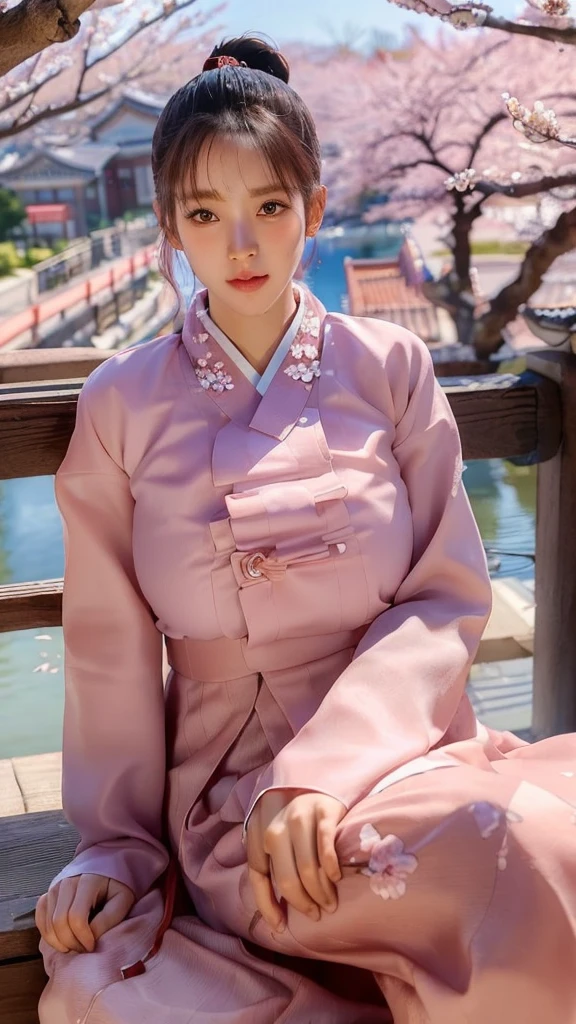 (best quality, 8K, masterpiece: 1.3), ((((((Incredibly huge breasts: 0.8))))), single ponytail, (beautiful face:1.3), Cherry blossoms are in full bloom, full of cherry blossoms, floating cherry blossom petals, very cool, Authentic Korean Hanbok